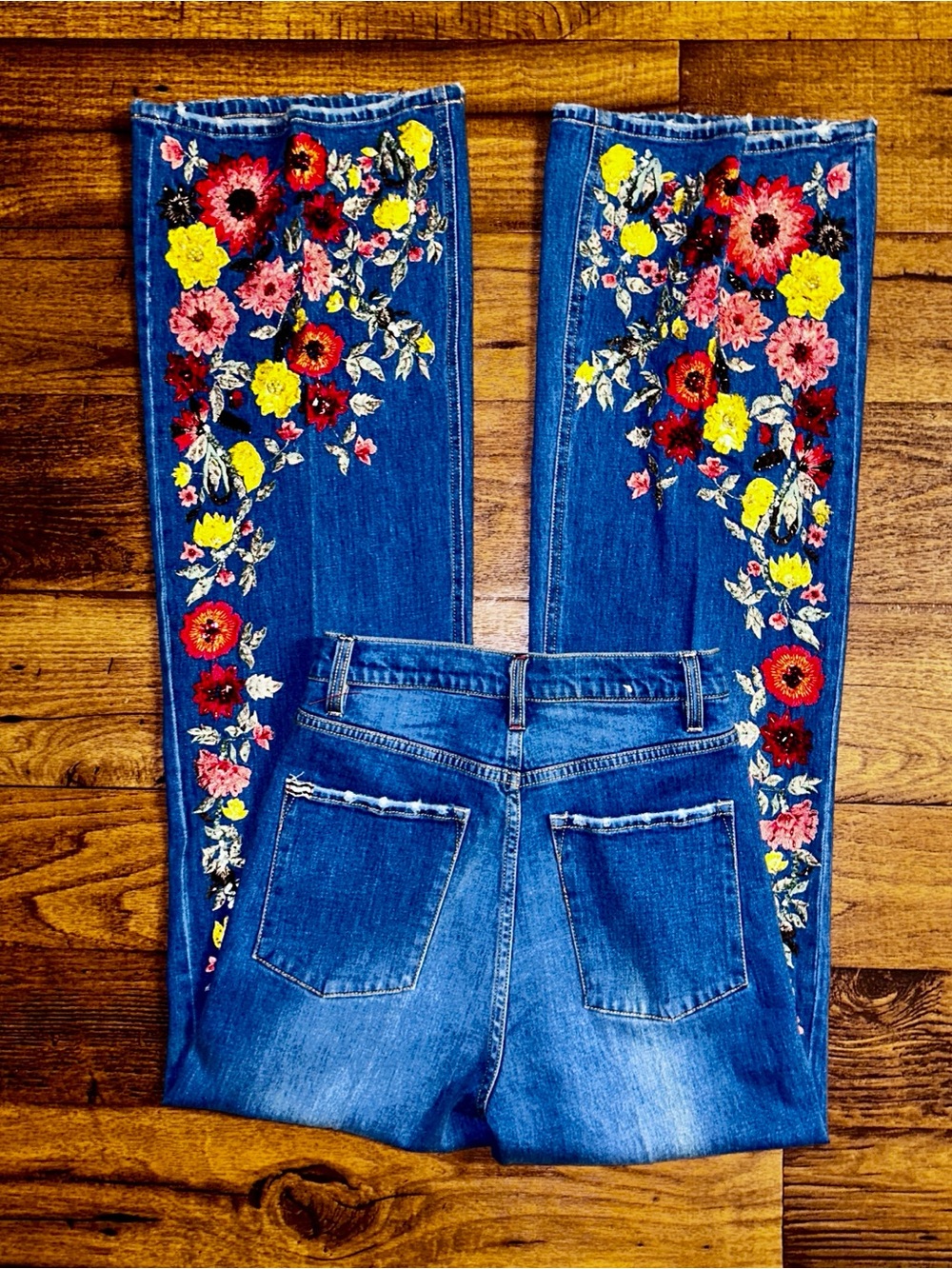 Alice + Olivia ~ Size 27 ~ Blue Denim W/ Multi-Colors Embroidery Floral Jeans - Picture 12 of 16